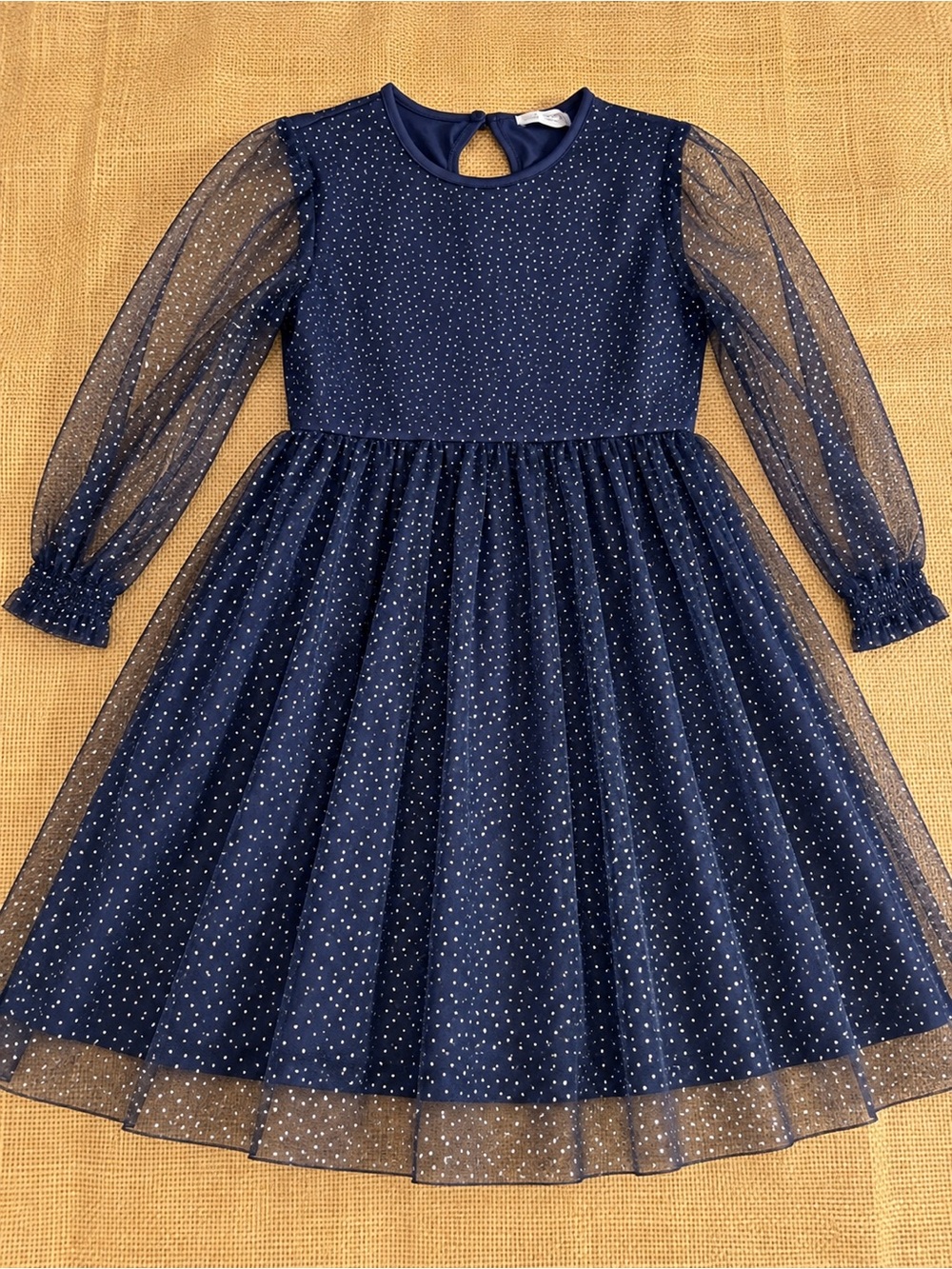 Kids' Navy Sparkle Tulle Party Dress with Sheer Sleeves